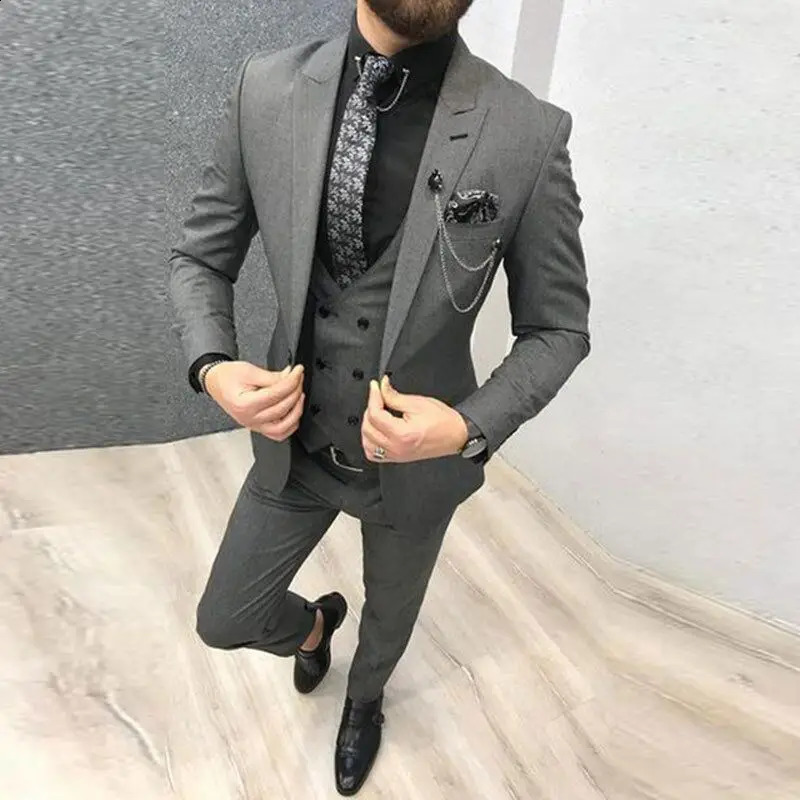 Solid Wedding Men Suits 3 Piece Formal Groom Tuxedos for Prom Party Male Suits Fashion Clothing Set Jacket with Pants Vest 250519
