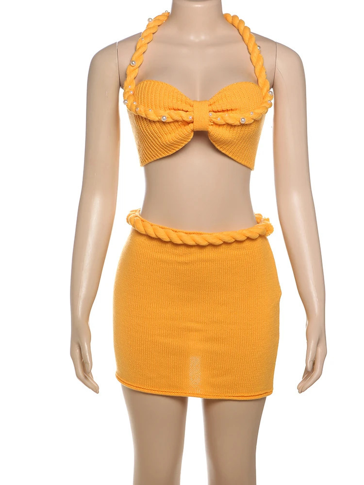 Nibber Vacation Summer Women 2 Piece Set Pearl Plait Halter Shirring CamisoleZip Peach Hip Skirts Matching Crochet Clubwear 250520