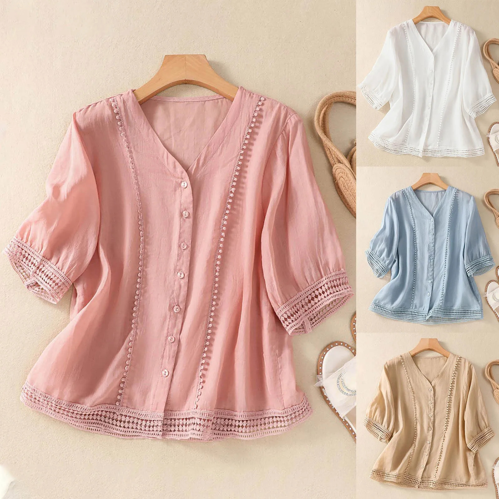 Womens Floral Embroidery Shirts 34 Sleeve Round Neck Vintage Flowing Tops Female Breathable Loose n Retro Blouses 250514