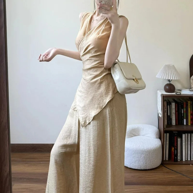 Elegant Summer Two Piece Sets Women High Quality V-neck Sleeveless Lace Up Slim Waist Blouse Top Wide Leg Pants Outfits 250516
