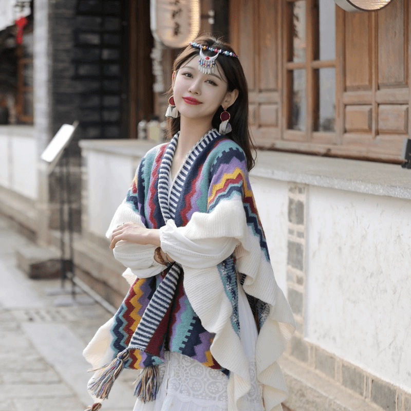 K778 Retro ethnic style shawl for women, new style, versatile knitted wood ear fringe cape, Yunnan travel wear, tassel large scarf