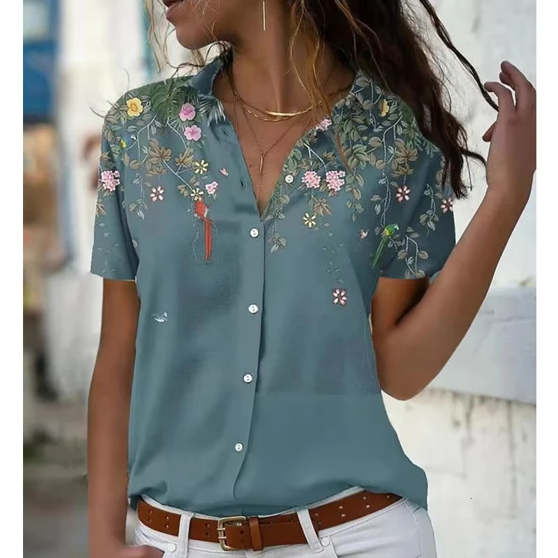 Summer Short Sleeve Women Shirt 2025 Printed Office Fashion Lapel Casual Simple Blouse Elegant Loose Blusas Mujer Tops 250514