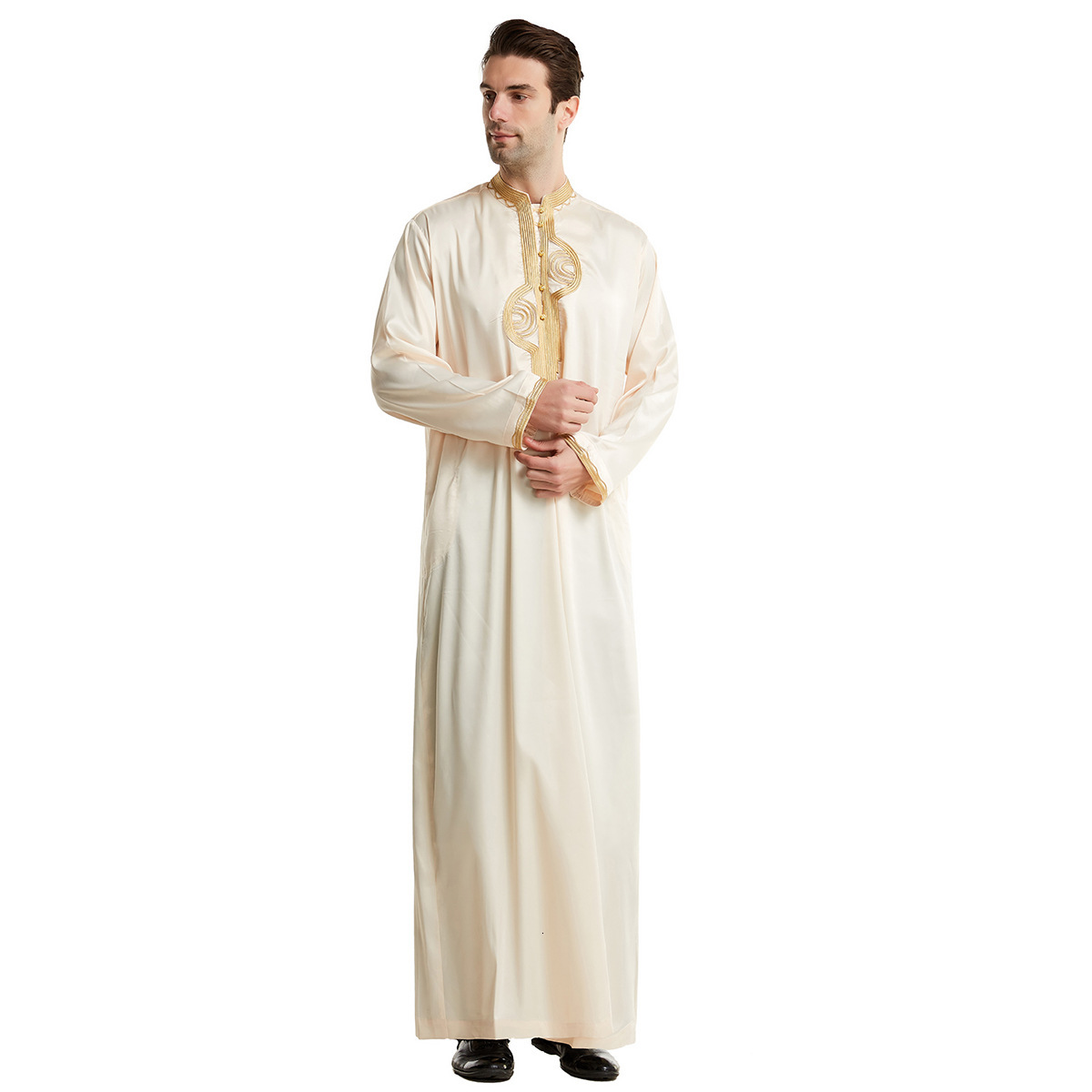 Designer Clothing Embroidery Collar Robe Solid Color Simulation Silk New Standing Collar Ethnic Clothing Men's Clothing 2025 New Style
