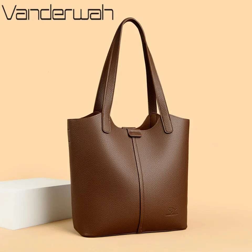 Genuine Brand Soft Leather Shoulder For Women Casual Tote Bag Female Solid Color Purse Simple Design Handbag Commuting Sac