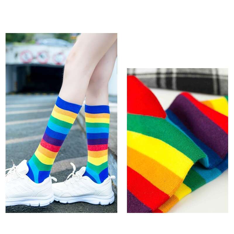 Socks For Children, Mid Tube Socks, Spring And Summer, Korean Version, Internet Celebrity, Long Rainbow Candy Stripe, High Tube, Ins, Trendy Cotton So