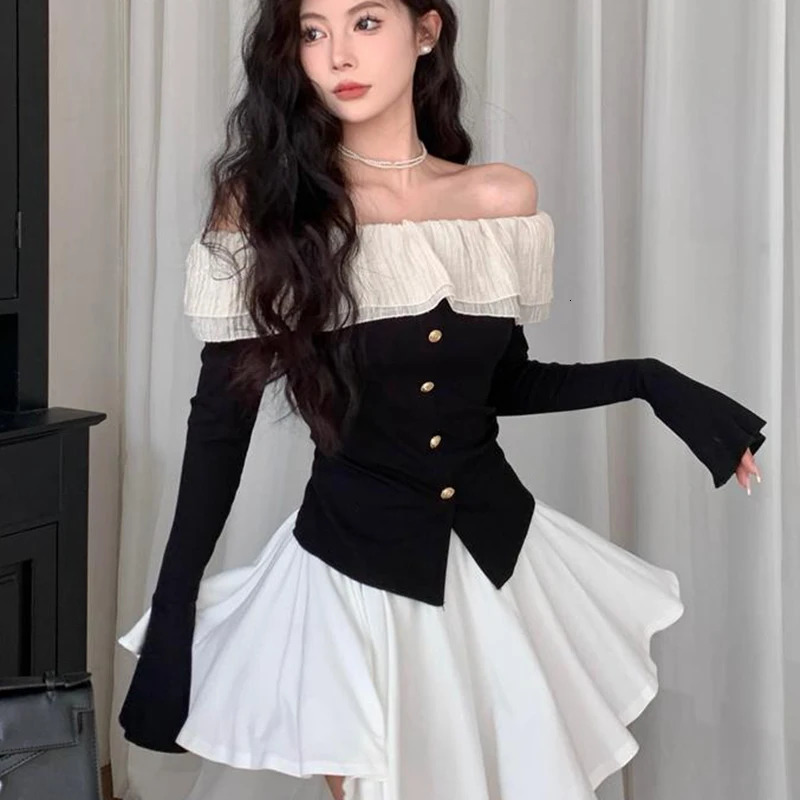 Women Off Shoulder Shirt Sexy Chic Streetwear Slash Collar Slim Fit T Shirt French Elegant Ruffles Solid Ladies Tops 250517