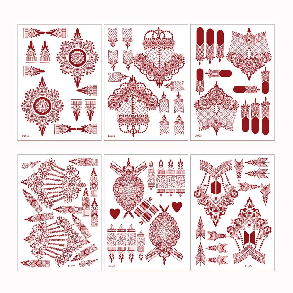 10 Pcs/Set Maroon Color Henna Tattoo Stickers for Hand Brown Red Henna Tattoos for Women Waterproof Temporary Mehndi Tattoo Fake 250515