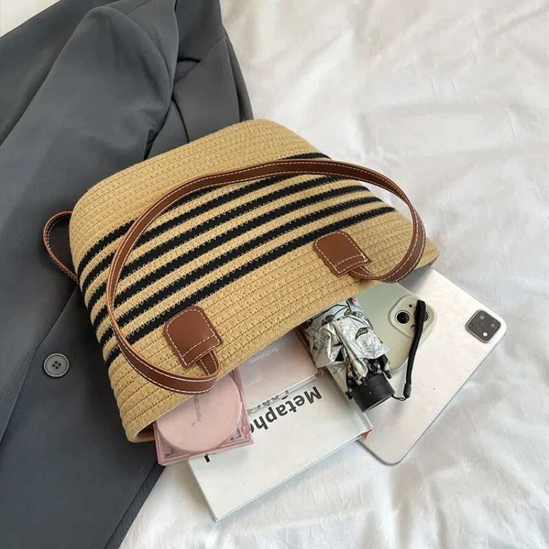 Striped Design Straw Tote Large Capacity Beach Boho Style Handbag Fulfilment Shopping Handbags For Women Shoulder Bag