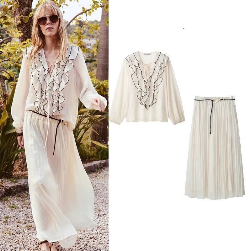 TRAF Flowy Skirt Set Women 2 Piece Semi Sheer Blouse With Ruffle Trims Elastic Waist Skirts Belt Two Outfit 250520