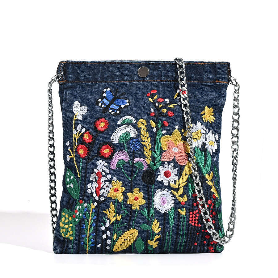 Women's handbag designer fashion embroidery denim bucket personalized commuting flower handbag, chain shoulder women's crossbody bag