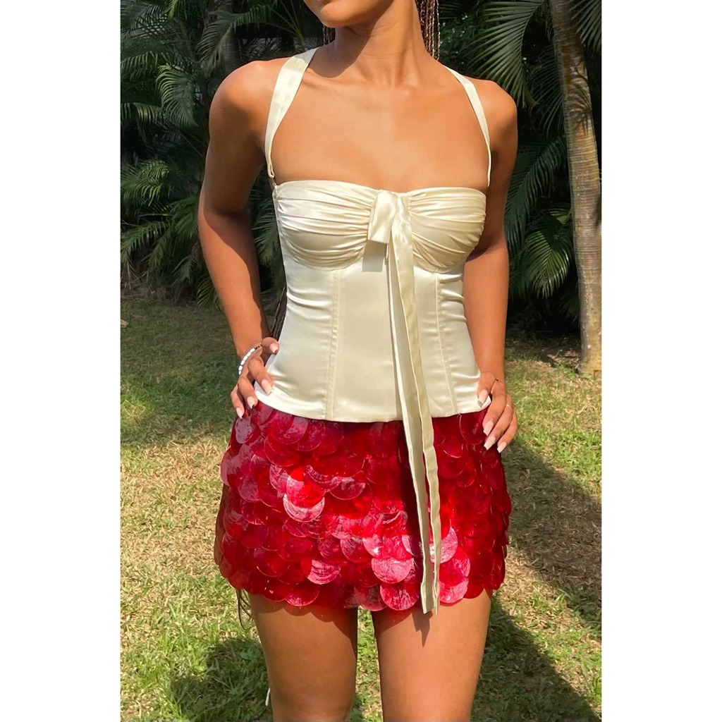 Combhasaki Womens Y2K Chic Glitter Sequined Layered Mermaid Short Mini Skirts Side Zipper High Waist Bodycon A-line Skirts 250519CJ