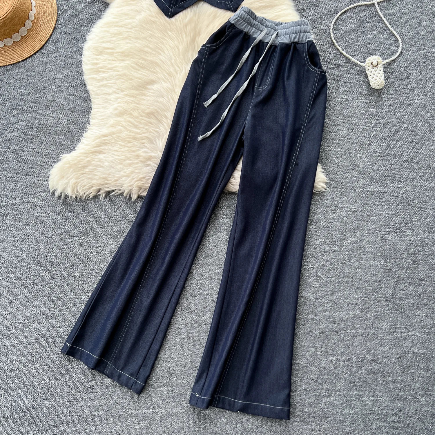 Two Piece Set Women Pant Sets V Neck Denim Y2k Streetwear Matching Sets Vest Top Wide Leg Long Pants Lace Up High Waist 250516
