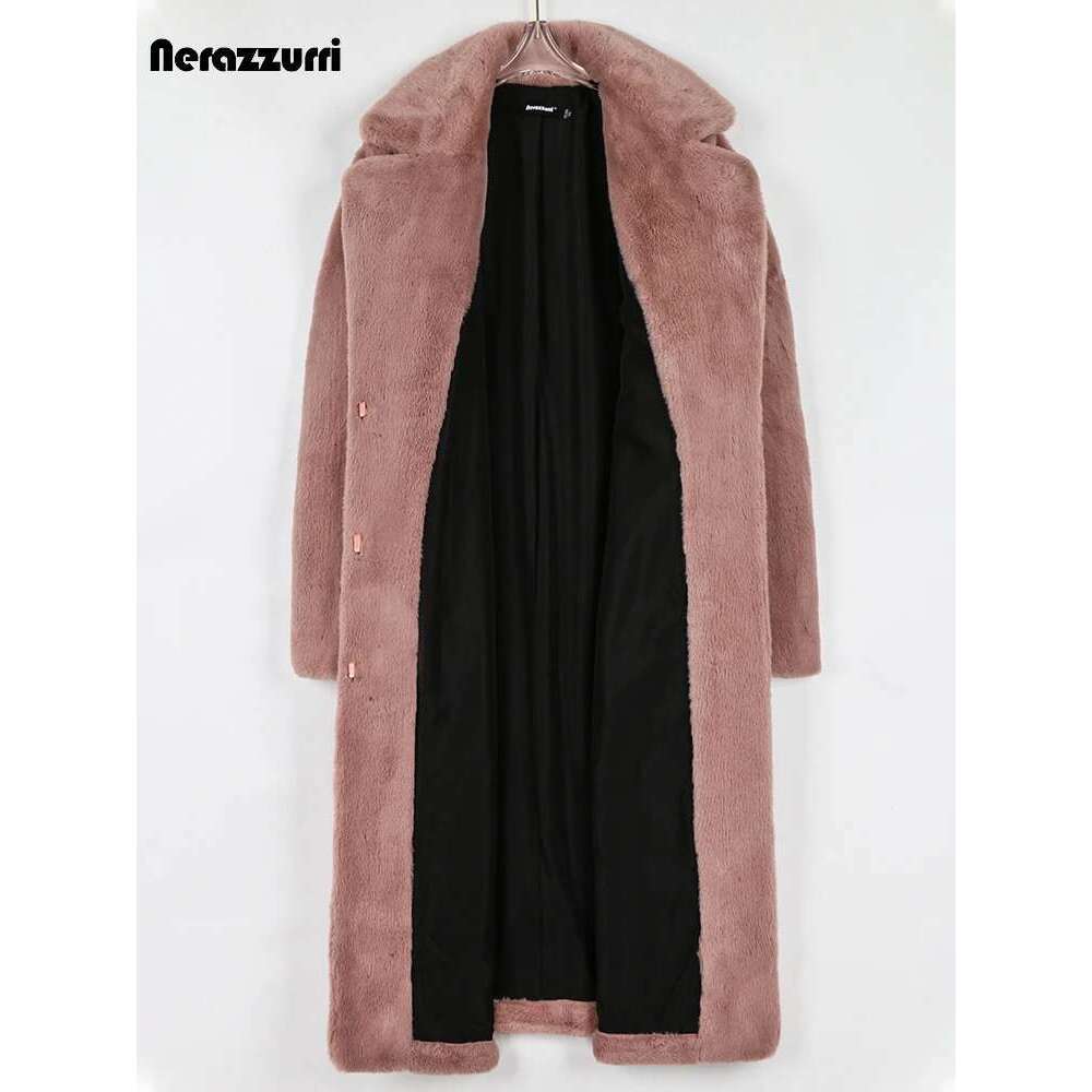 Nerazzurri Winter Clothes 2022 Long Thick Warm Soft Colored Fluffy Big Size Faux Rex Rabbit Fur Coat Women Lapel 4Xl 5Xl