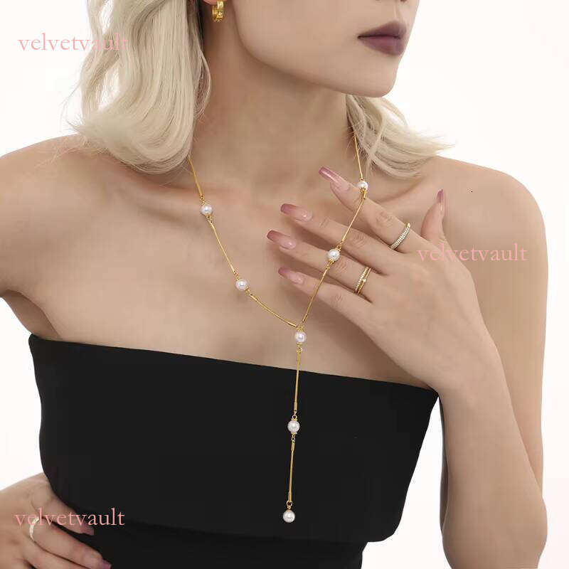 G4058 stainless steel collarbone sweater chain pearl pendant Y tassel women's necklace