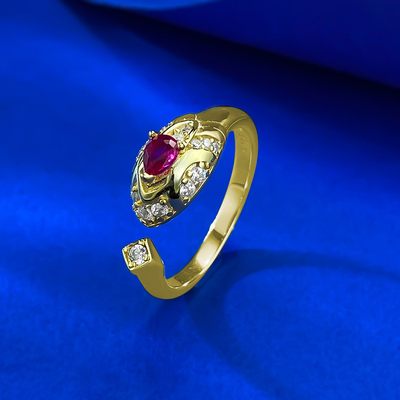Luxury Retro Chinese Style S925 Silver Snake Open Ring with Ruby Accent