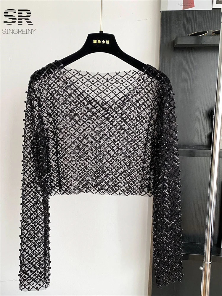 SINGREINY Sexy Pearl Beading Crop Tops Women O Neck Long Sleeves Sheer Shirts Fashion Streetwear Sequined Sunproof Blouses 250520