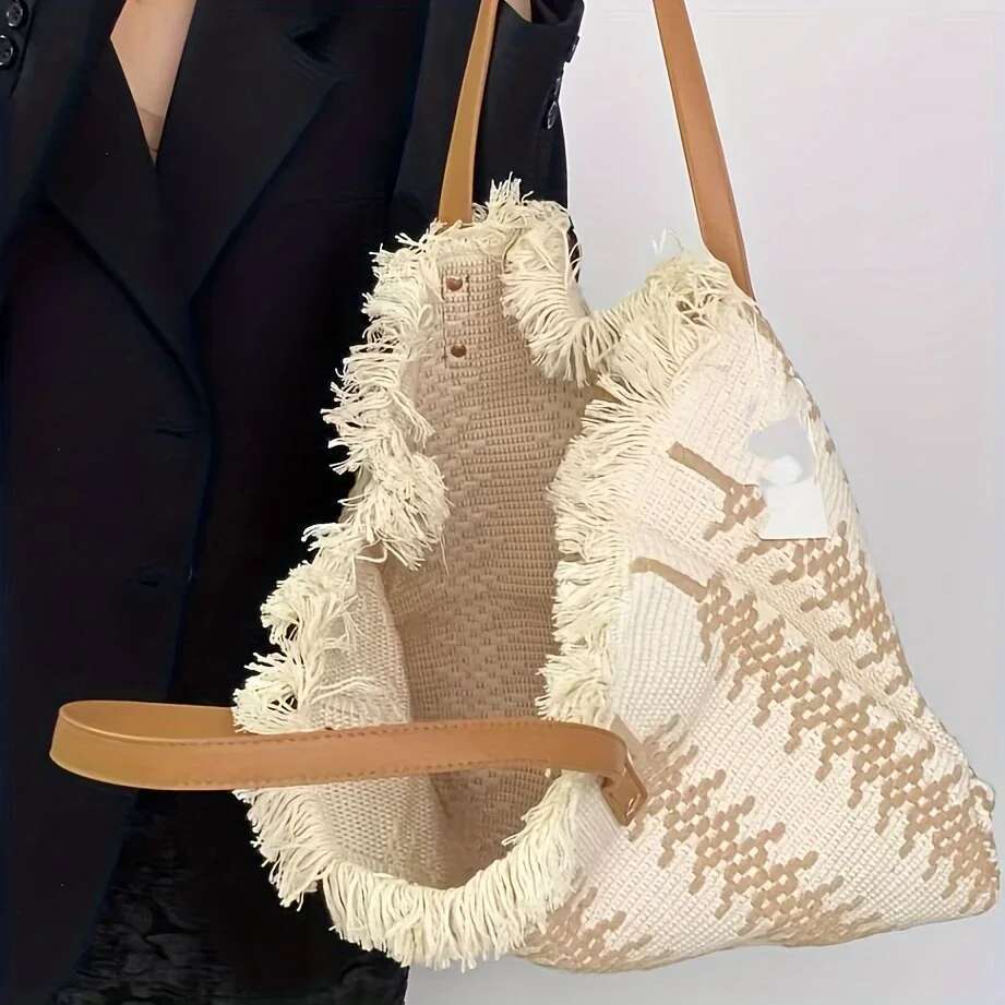 Chic Striped Canvas Tote Bag With Fringe Detail - Spacious Shoulder Handbag For Beach & Shopping, Hine Washable