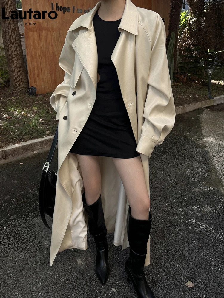 Lautaro Spring Autumn Long Shiny Soft Flowy Trench Coat for Women Sashes Double Breasted Loose Casual European Overcoat 250520