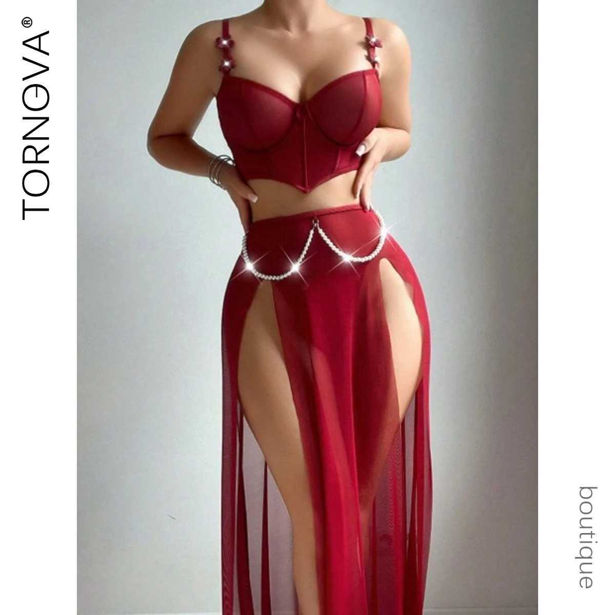 Sexy Lingerie Suit for Women Knot Patchwork Mesh See-through Womens Underwear Suit Solid Color Slit Skirt Lingerie R250520