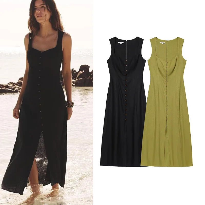 TRAF Simple Women Dress Sleeveless Lady Square Neck Womens Casual Midi With Button Side Zipper Female 250520