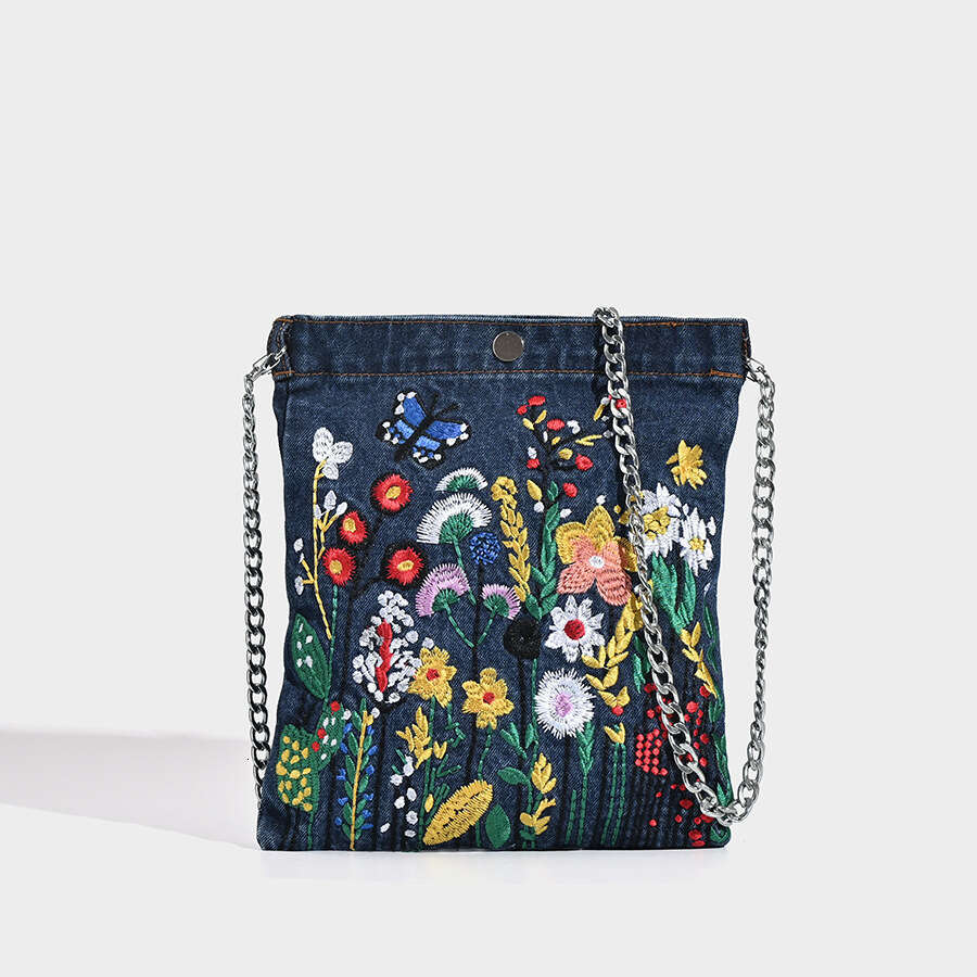 Women's handbag designer fashion embroidery denim bucket personalized commuting flower handbag, chain shoulder women's crossbody bag