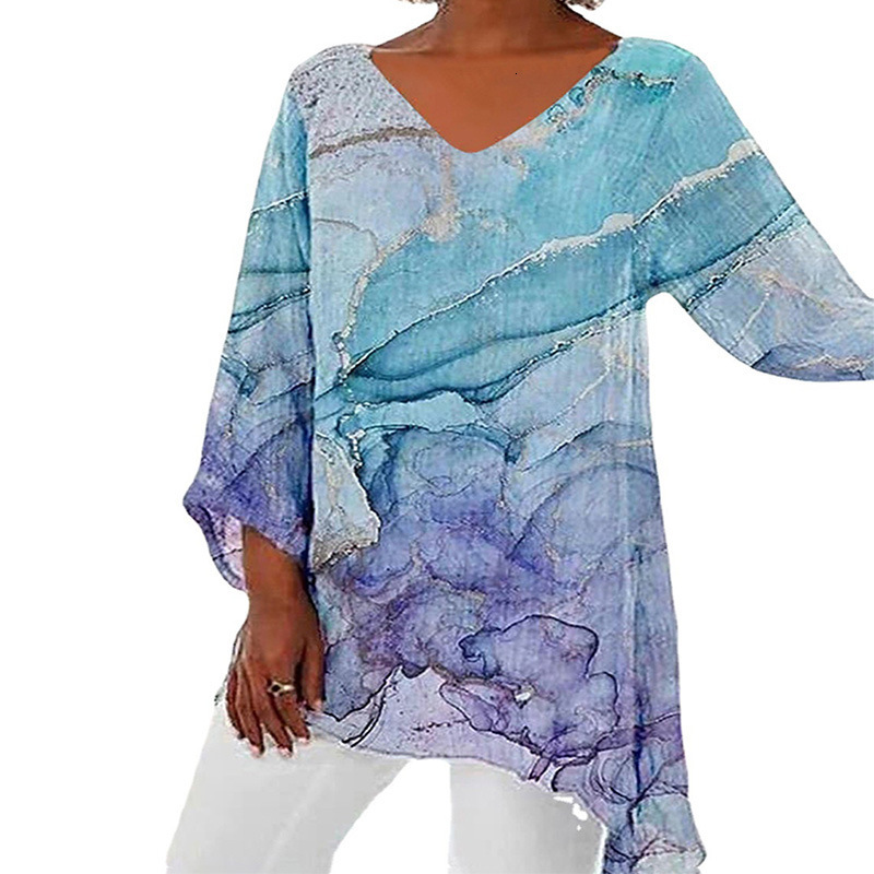 2025 New Designer Clothing Plus Size Women's T-shirt Casual Loose Print Long Sleeved V-neck Top Casual Trendy T-shirt