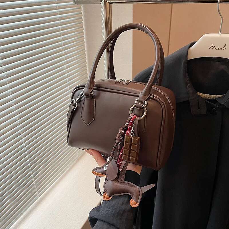 Women's Pu Leather Cute Mini Boston Handbag Retro Brown Bowling Crossbody High-End Korean Shoulder Bag Ladies Versatile Tote