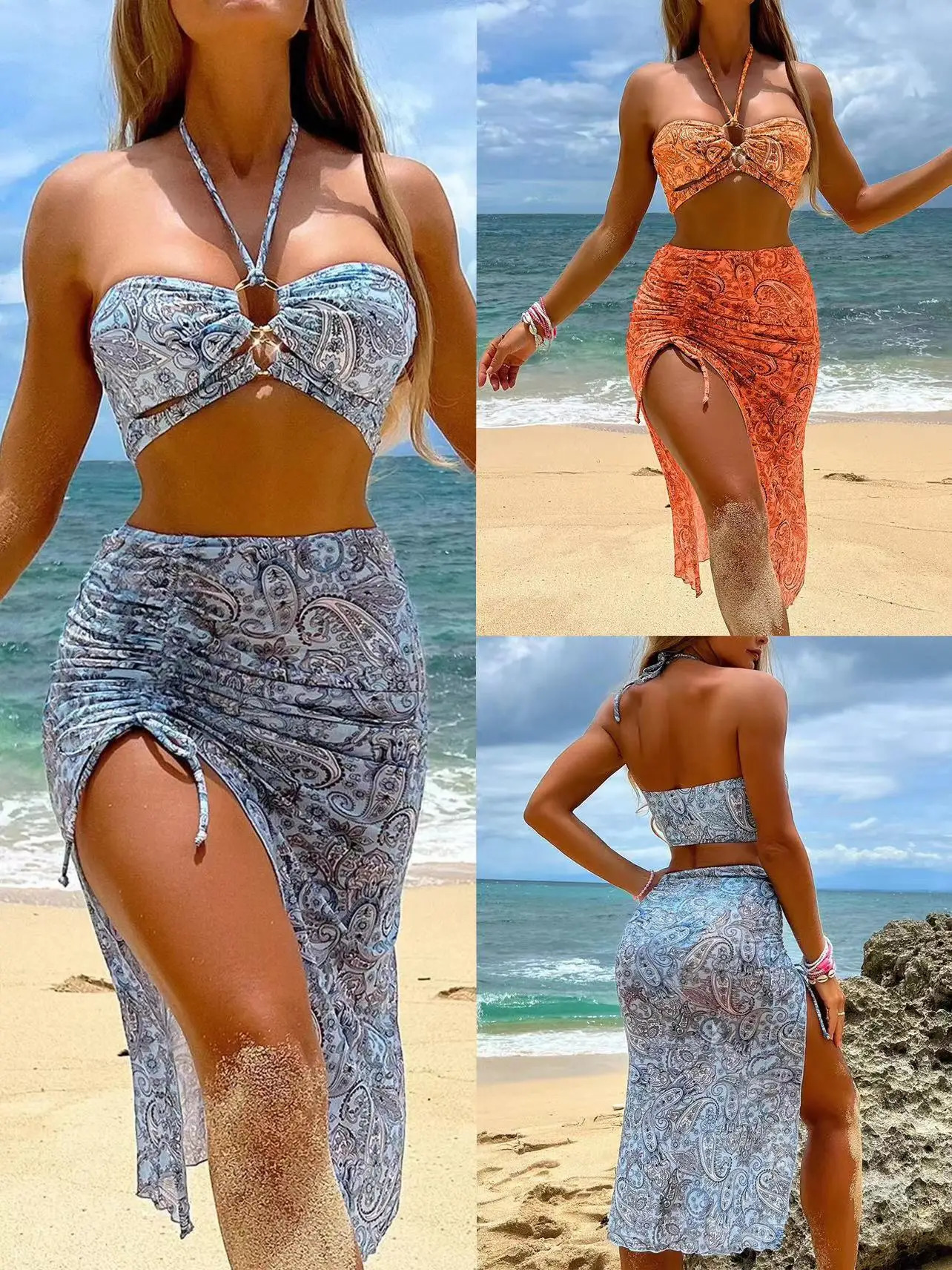 Womens Paisley Bikini Set With Skirt 2025 Sexy Bohemian Beach Dress Beachwear Two-Piece Swimsuit Cover-Up Summer Seaside Outfit 250516