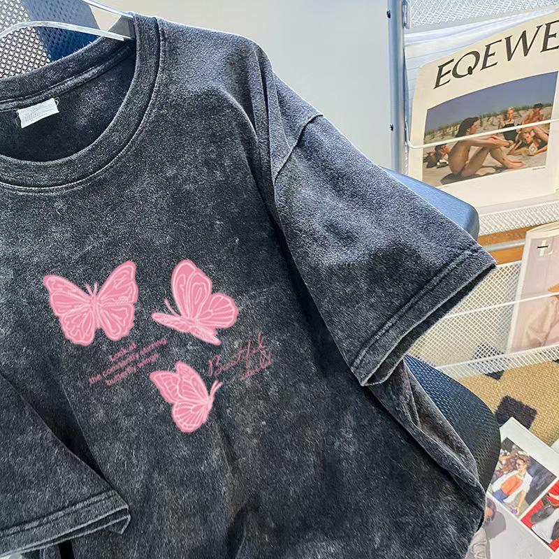 Fashion Brand Old Style Short Sleeved T-shirt For Women Loose And Oversized Washed Black Printed Clothes 2025 New Style Designer Clothing