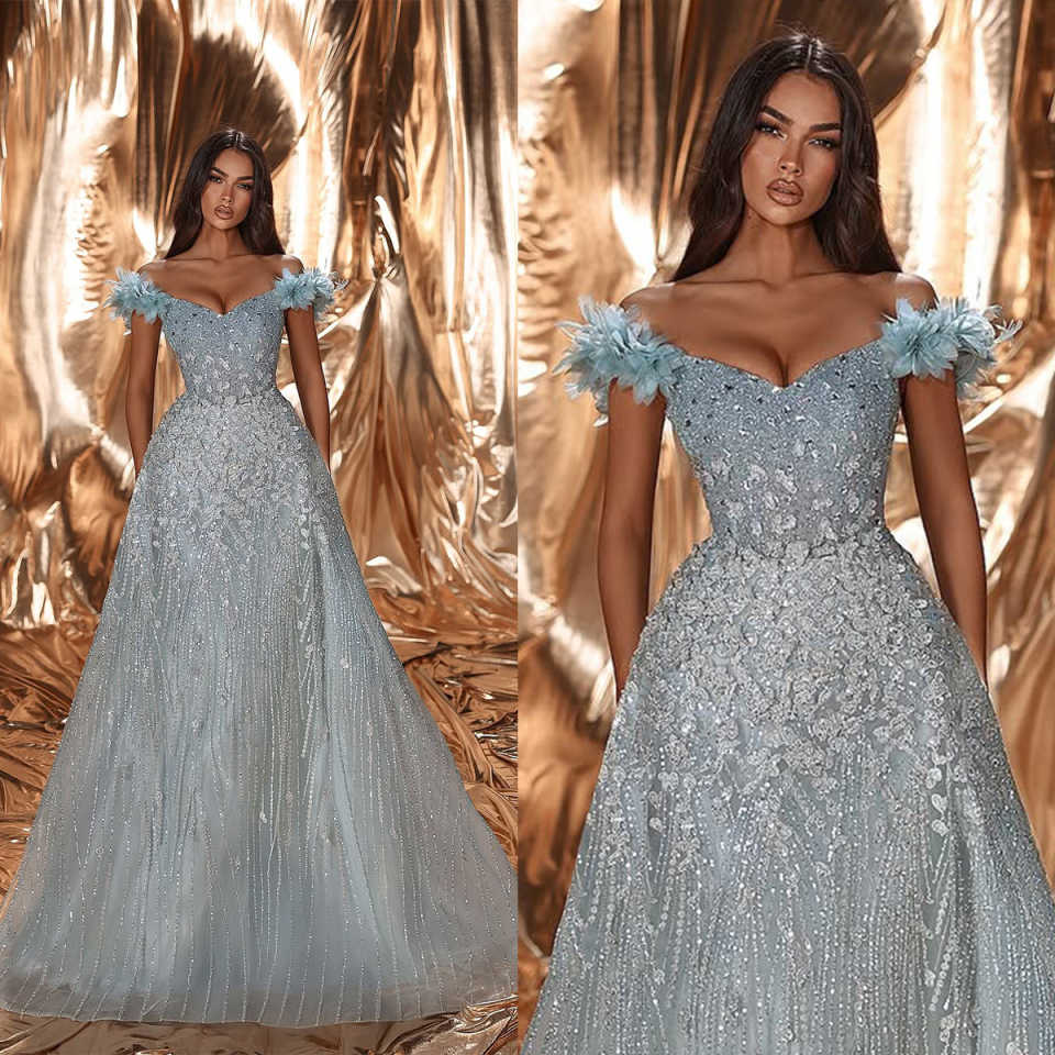 Classic Evening Dresses For Women Off Shoulder Sleeveless Gown Sequins Appliques Sweep Train Dress Party Customized Dress