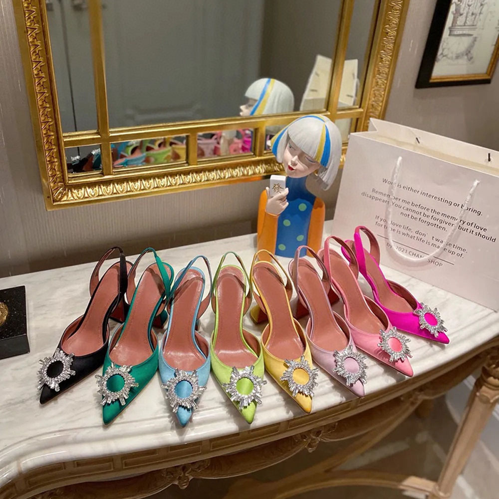 Designer Heels Crystal-Embellished buckle stain Pumps shoes spool Heels sandals women's Luxury Dress Evening Slingback sandal White wedding shoes with box 35-43