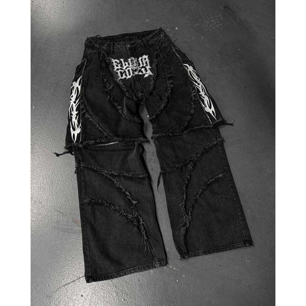 Millennium Bug Fashion American Zipper Splicing Loose Patch Striped Embroidered Fur Edge Jeans