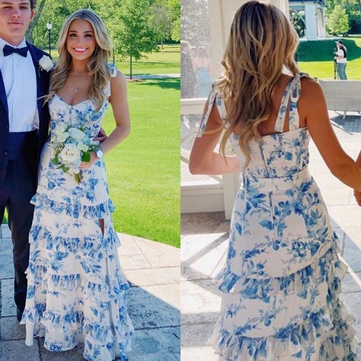 Spaghetti Straps Blue Floral Print Prom Dress Ruffles Tiers Evening Gown Floor length Side Slit Birthday Party Special Occasion Dresses 2025