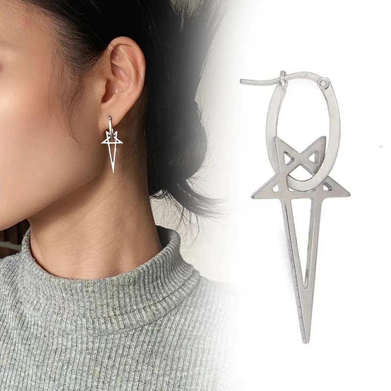 Cyberpunk Personality Pentacle Earrings Unisex Dark Gothic Metal Perforated Eardrop Hip Hop Ear Studs Pendants Jewelry Accessory 250517