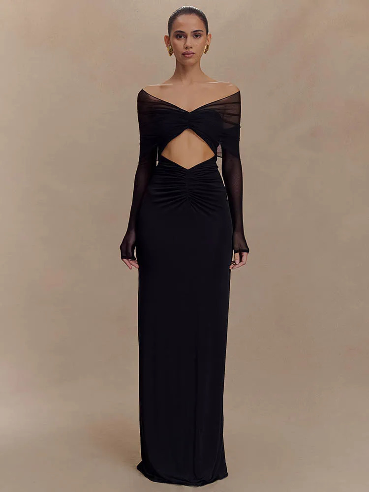 Mozision Offshoulder Hollow Out Sexy Maxi Dress Women Summer Fashion Strapless Long Sleeve Ruched Club Party 250520