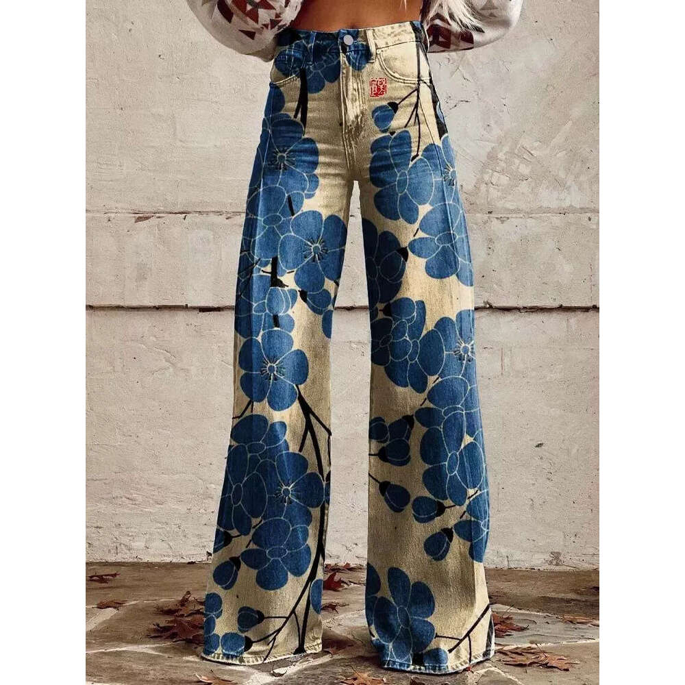 2025 Trendy High-Waisted Wide-Leg Jeans for Women - Printed Stretch Casual Style