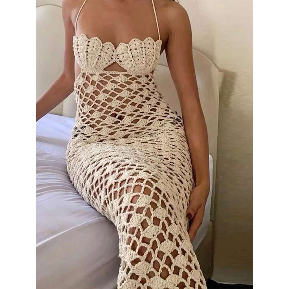Elegant Knit Shell Lace Up Long Dresses Women Sexy Hollow Out Backless Halter Slim Beach Dress Lady New Spring Chic Holiday Designer