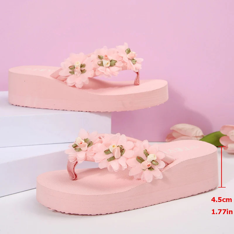 Fashion Flower Decor Wedge Flip Flops Woman Lightweight EVA Platform Slippers Woman 2025 Summer Thick Sole Beach Slides Sandals 250519