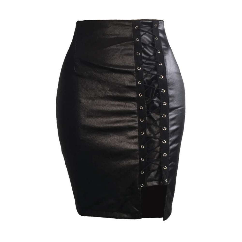 Sexy PU Imitation Leather Cross Bandage Split Mini Women High-Waist Slim Skirts Office Lady Bodycon Skirt Club Party