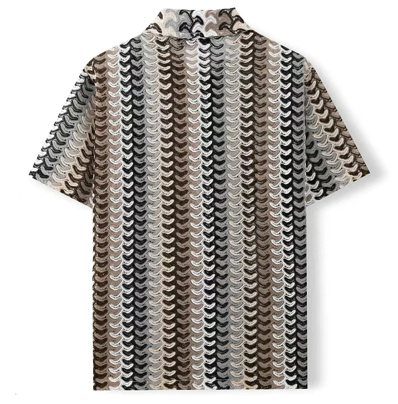 Spring Summer Fashion Beach Casual Mens Shirts Knitting Cardigan For Men Vintage Striped Colorful Hollow Breathable Lapel Shirt 250520