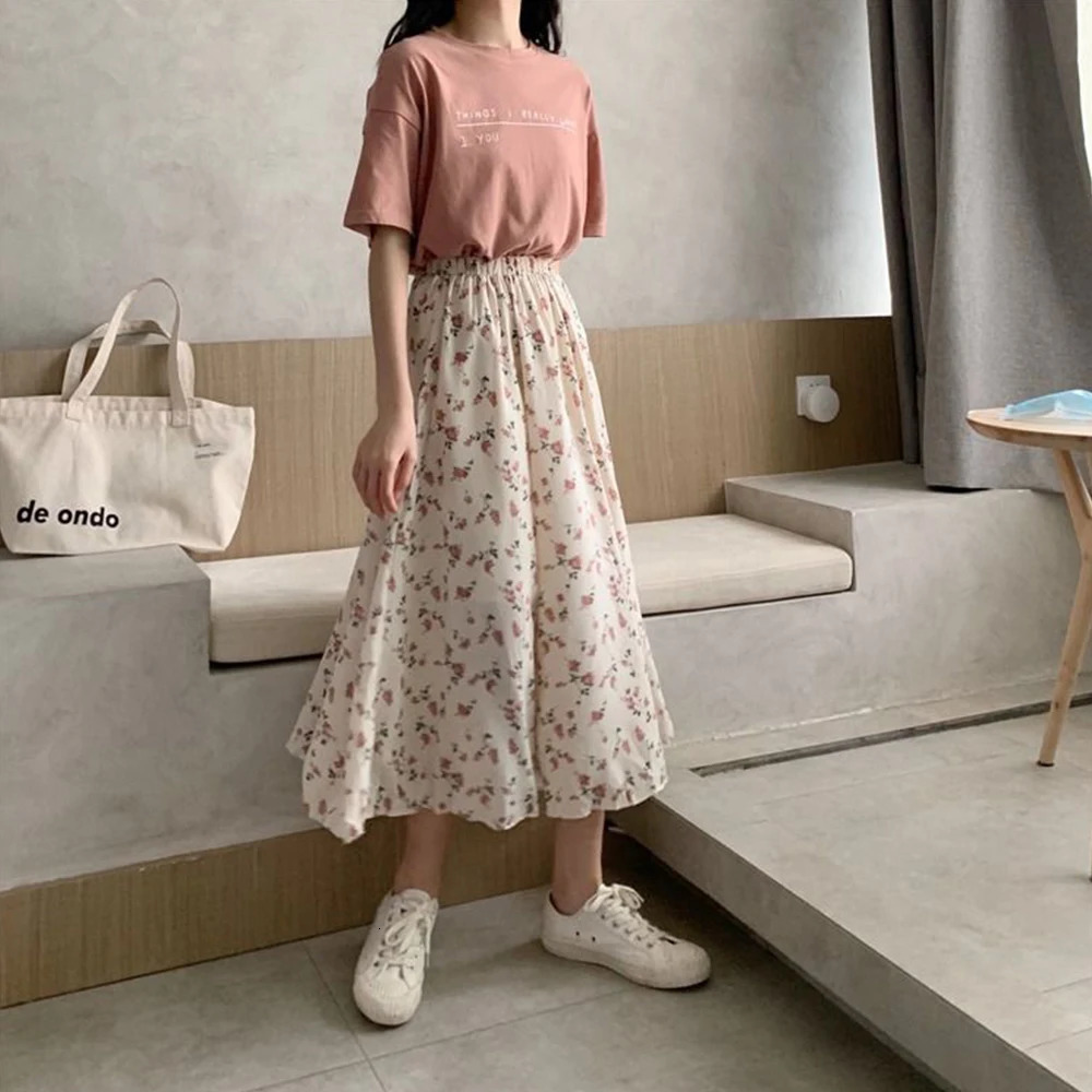 Vintage Floral Print Aline Pleated Long Skirts Summer Women Korean Skirt Streetwear Drawstring Elastic Waist Midi 250520