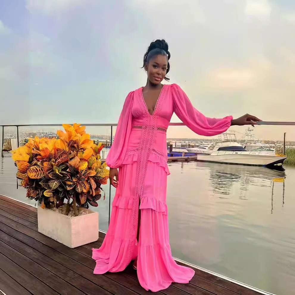 European American autumn winter temperament splicing sleeved V-neck dress women's long skirt 2025 new style chic and elegant clothing