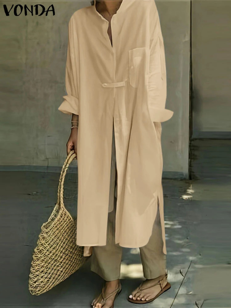 VONDA Women Blouse Casual Turndown Collar Long Tops Solid Color Tunic Sleeve Coverups Loose Cardigans 250520
