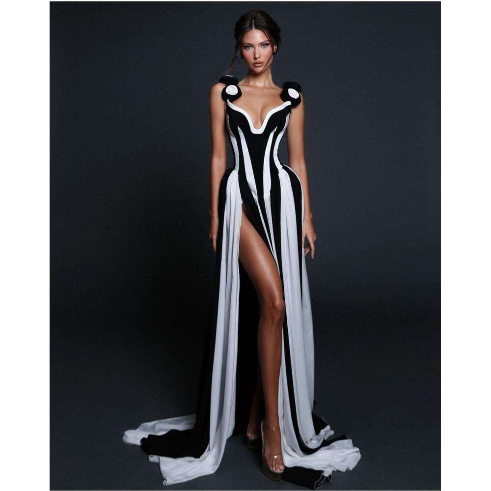 Halter Dress Three Dimensional Flower Sexy Deep V Black And White Striped Sleeveless Dress Elegant Temperament Party Vacation Gift Maxi Dress
