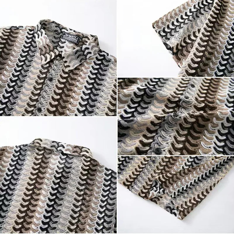 Spring Summer Fashion Beach Casual Mens Shirts Knitting Cardigan For Men Vintage Striped Colorful Hollow Breathable Lapel Shirt 250520