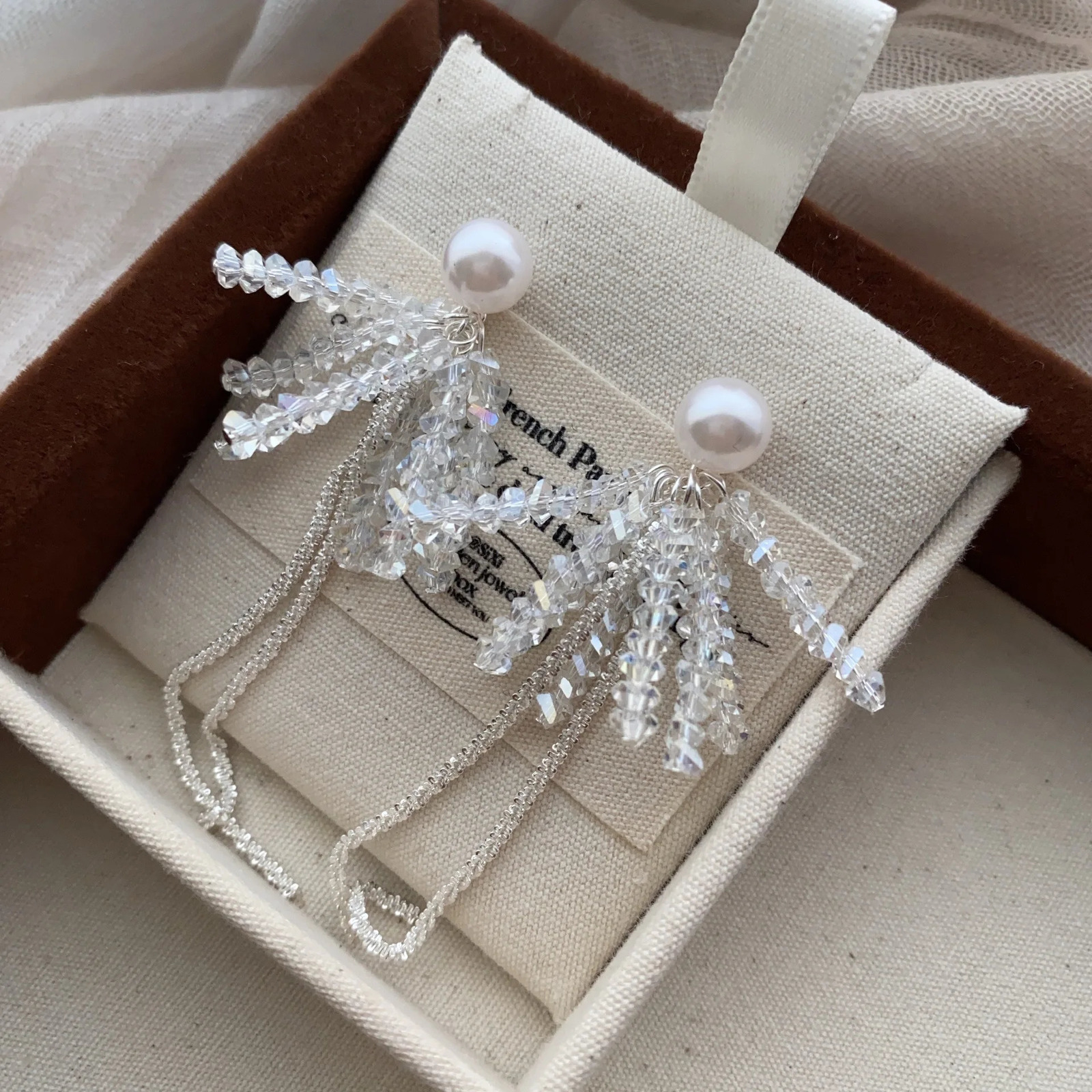 Korean Fashion Handmade Crystal Pearl Flower Tassel Stud Earrings for Women Statement Jewelry Dangle Pendientes 250517