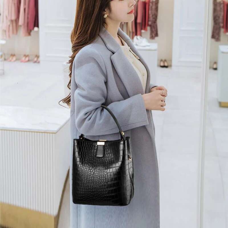 Retro Alligator Bucket Women Pattern Handbag Capacity Casual Crocodile Shoulder Messenger Bags Ladies PU Purse