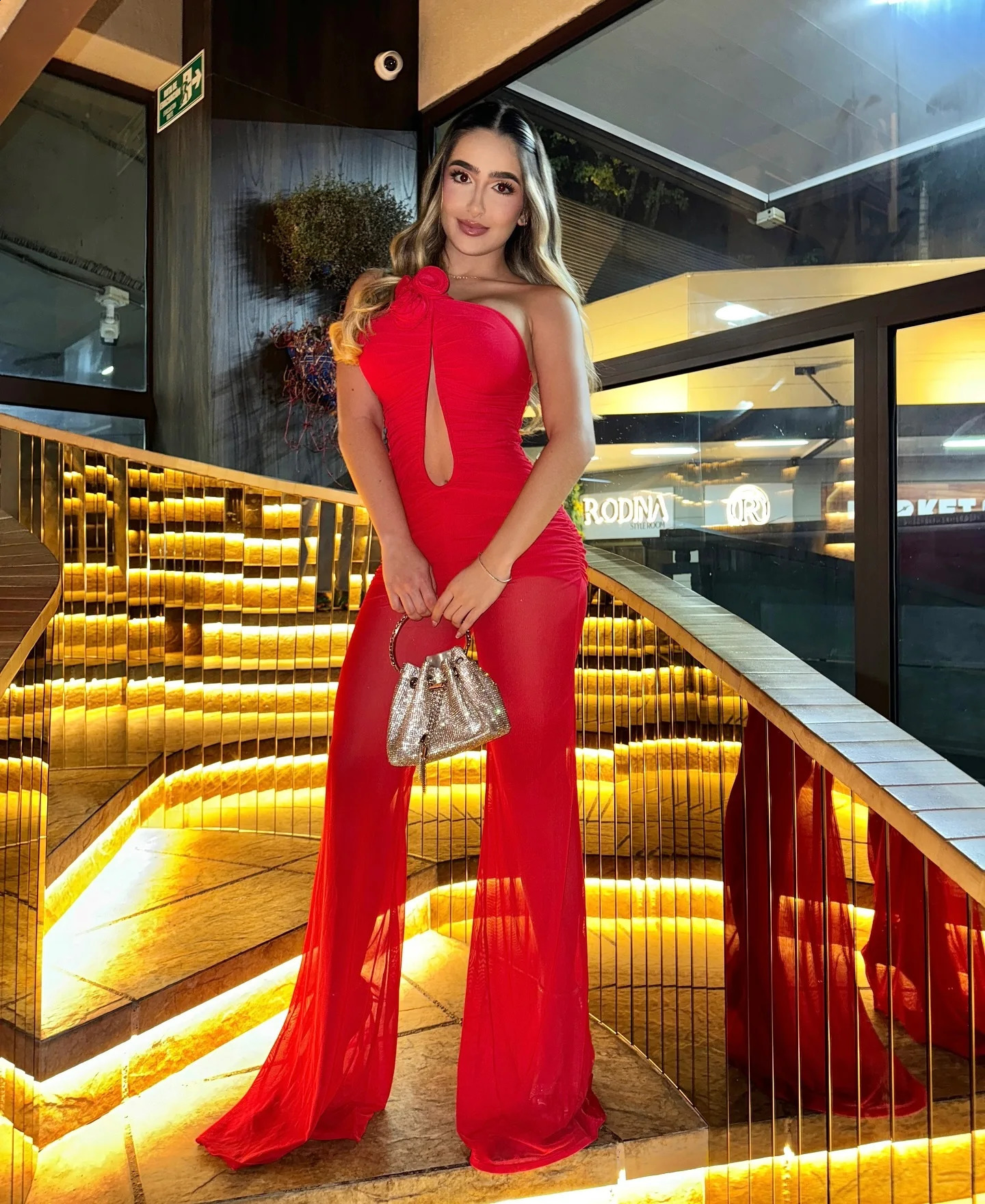 Red Khaki Color Women Sexy Strapless Mesh Florals Deep V-Neck Straight Long Jumpsuit Celebrate Nightclub Party Birthday Jumpsuit 250519