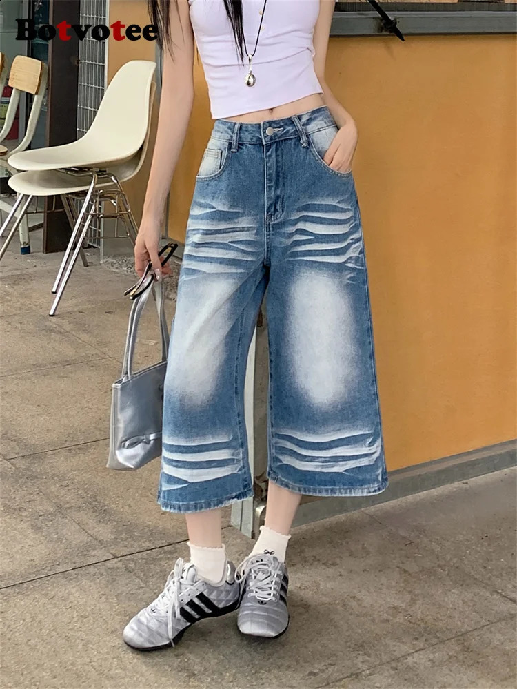 Botvotee Scratched Washed Calf Length Jean High Waisted Baggy Denim Pants Summer Y2k Fashion Causal Loose Oversized Jeans 250513
