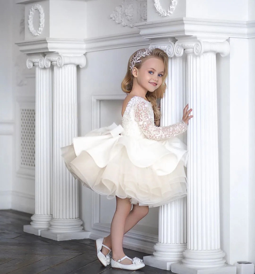 yellow sequied Ball Gown Flower Girls Dresses for Weddings Little Kids Toddler Pageant Dress Long Sleeves Crystal First holy Communion Gowns 2025 new 